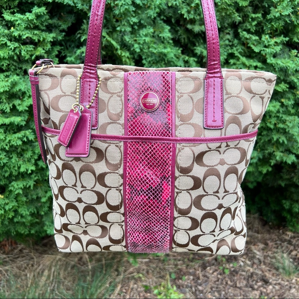 Coach Python Stripe Khaki & Raspberry Purse F25706 - image 2